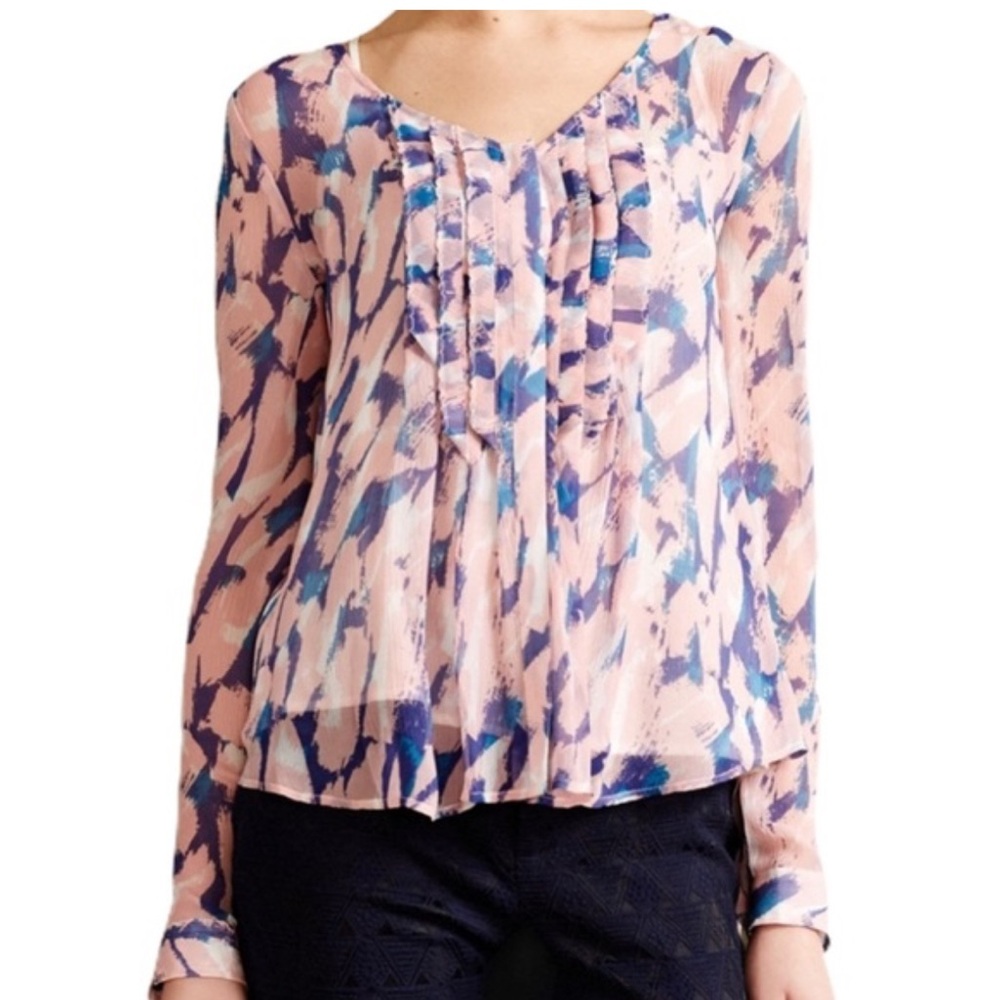Maeve for Anthropologie Pink Blue Silk Sheer Abstract Blouse Size 10